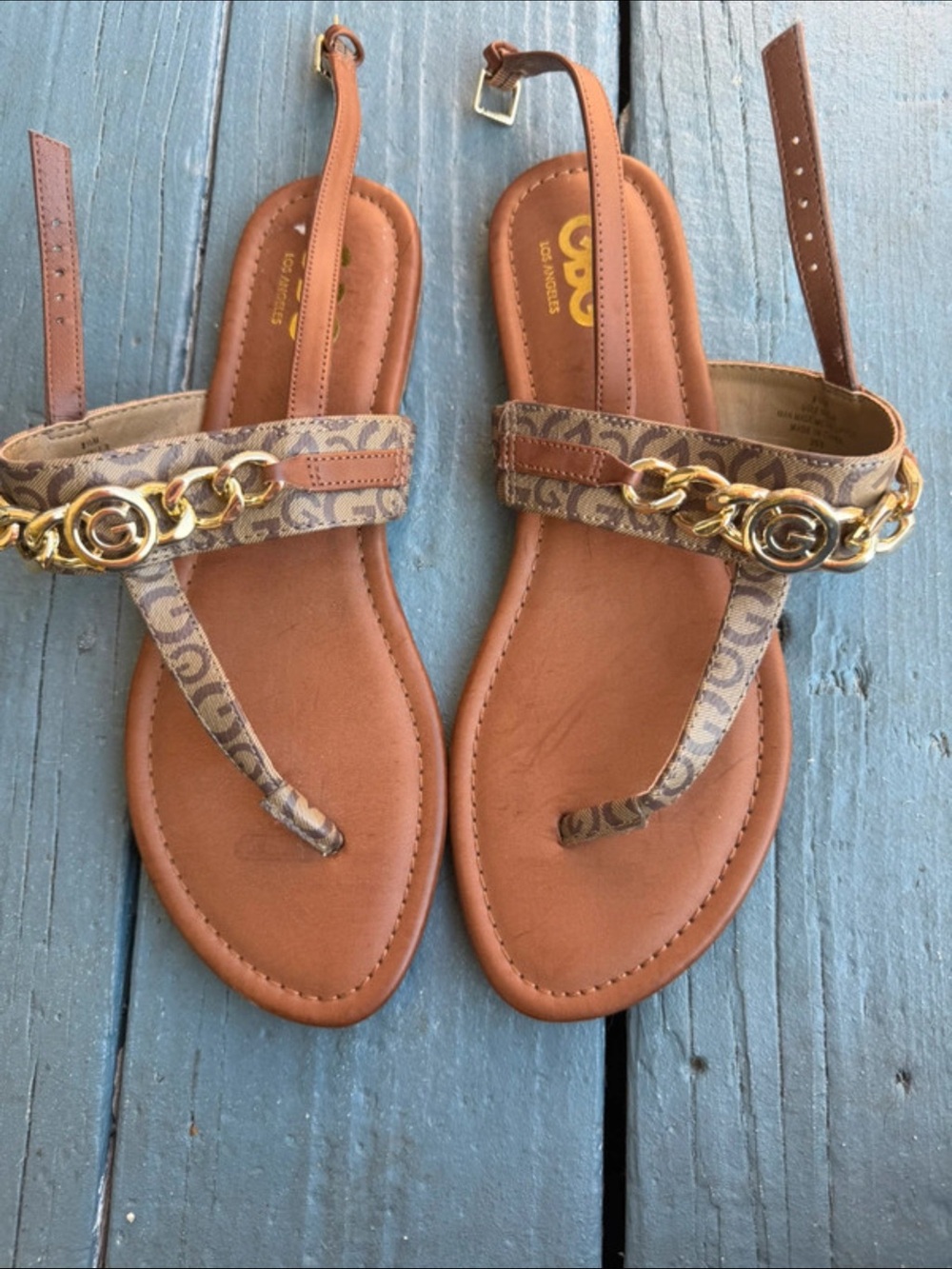 Designer-Inspired Brown Logo-Print T-Strap Sandals with Gold Chain